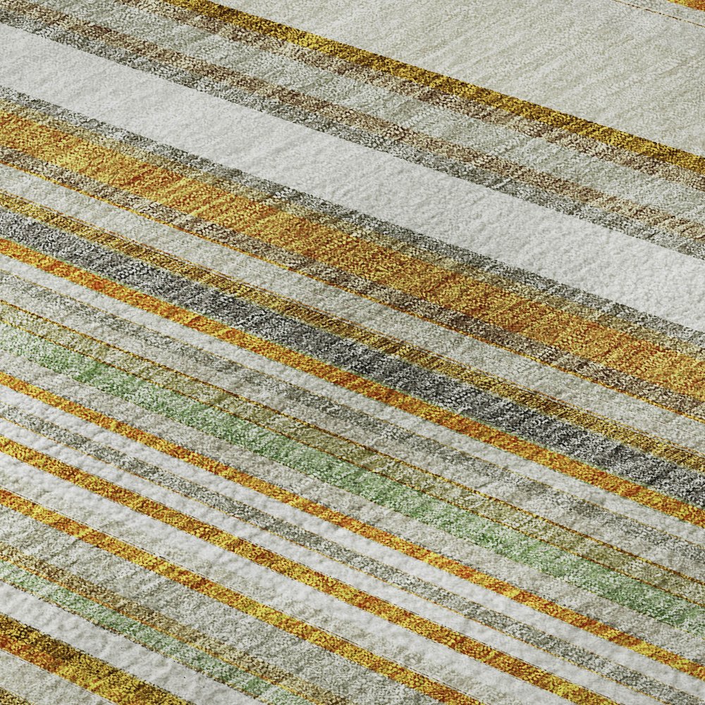 8' X 10' Linen Gold And Sage Striped Washable Area Rug With UV Protection