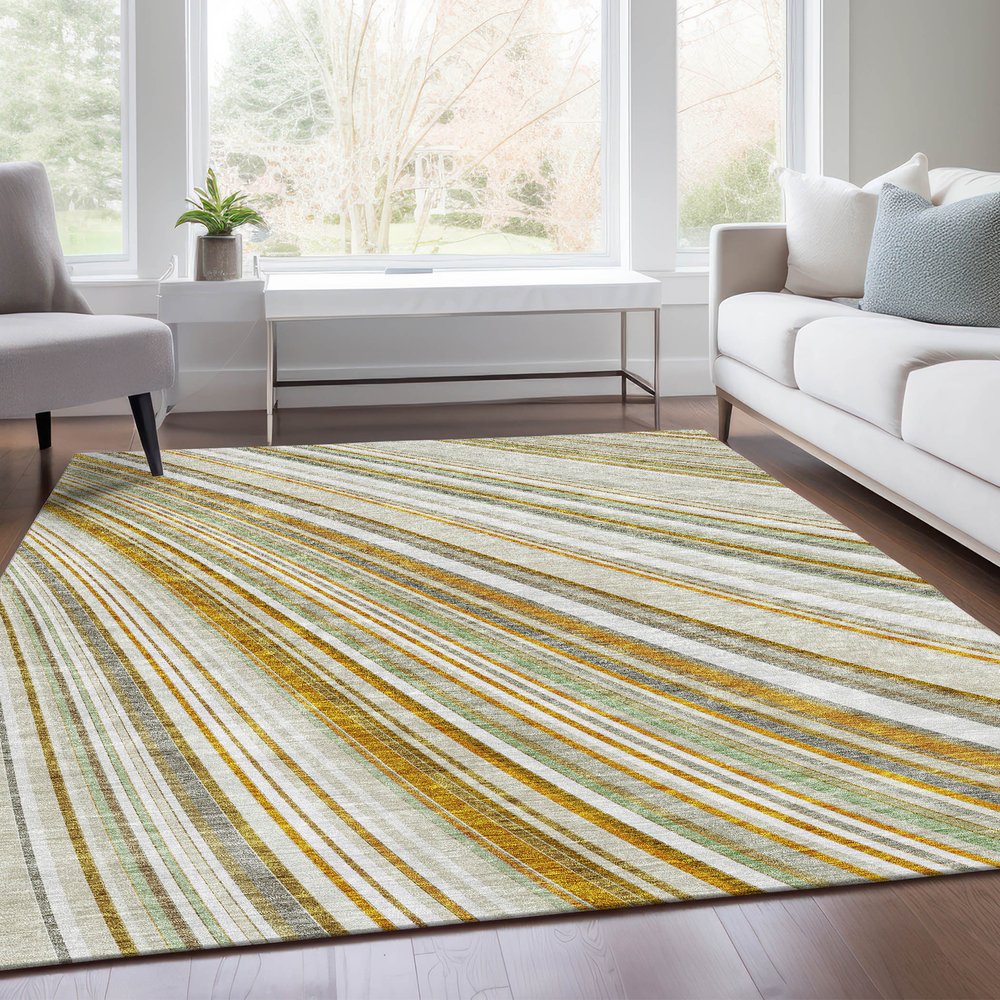 8' X 10' Linen Gold And Sage Striped Washable Area Rug With UV Protection