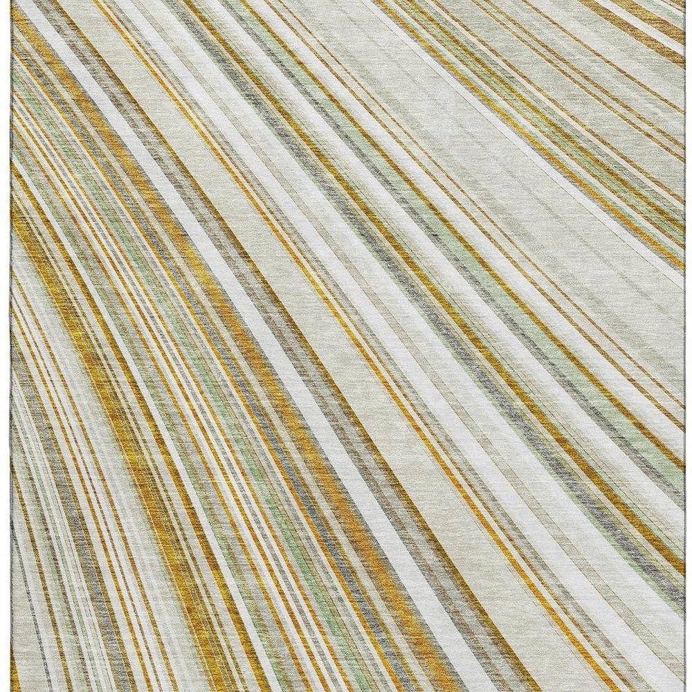 8' X 10' Linen Gold And Sage Striped Washable Area Rug With UV Protection