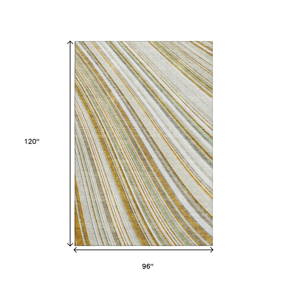 8' X 10' Linen Gold And Sage Striped Washable Area Rug With UV Protection
