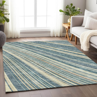 5' X 8' Sky Blue Tan And Beige Striped Washable Area Rug With UV Protection