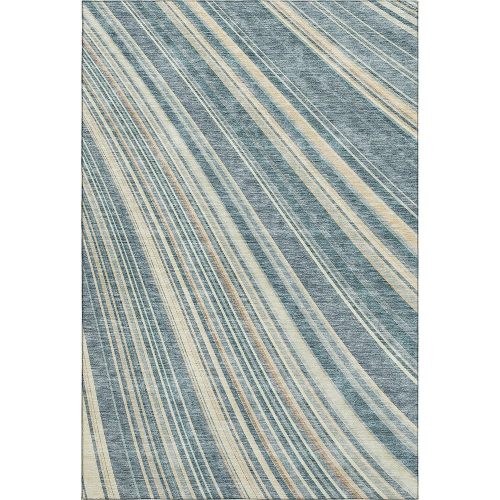 5' X 8' Sky Blue Tan And Beige Striped Washable Area Rug With UV Protection
