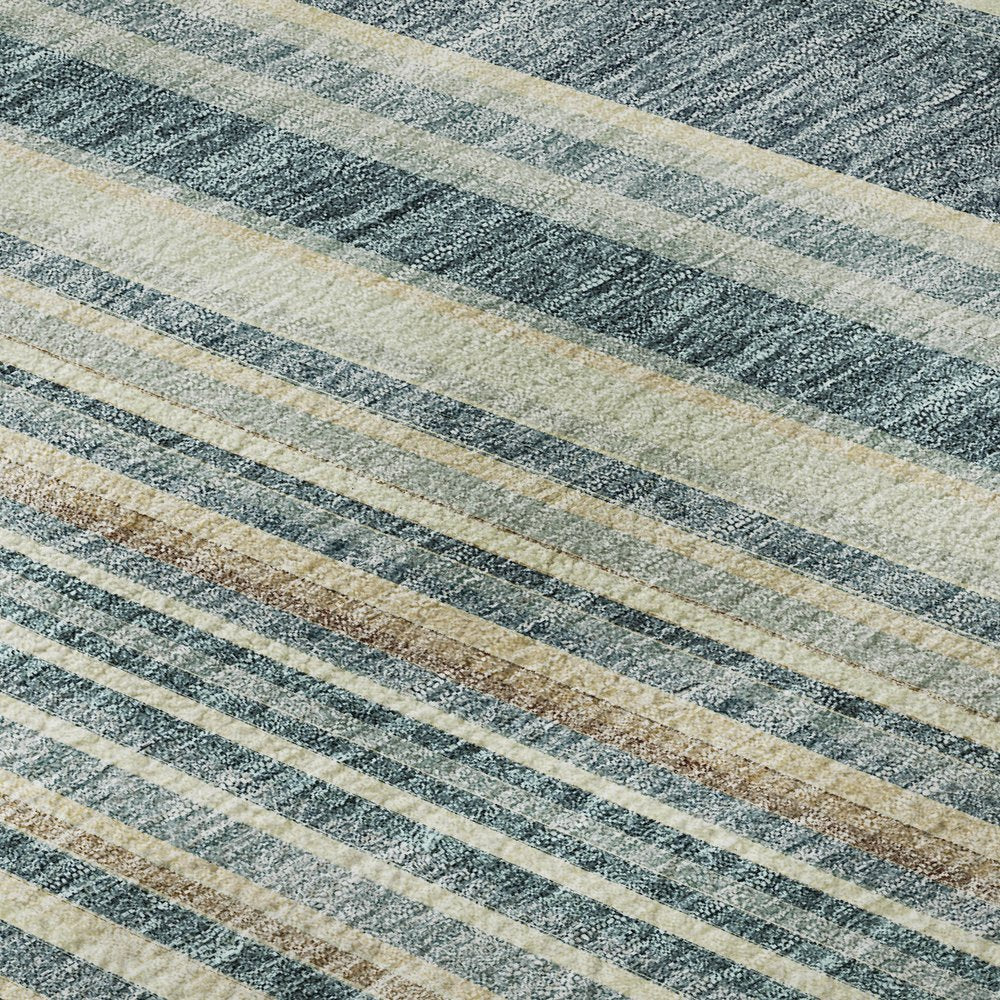 5' X 8' Sky Blue Tan And Beige Striped Washable Area Rug With UV Protection