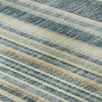 5' X 8' Sky Blue Tan And Beige Striped Washable Area Rug With UV Protection