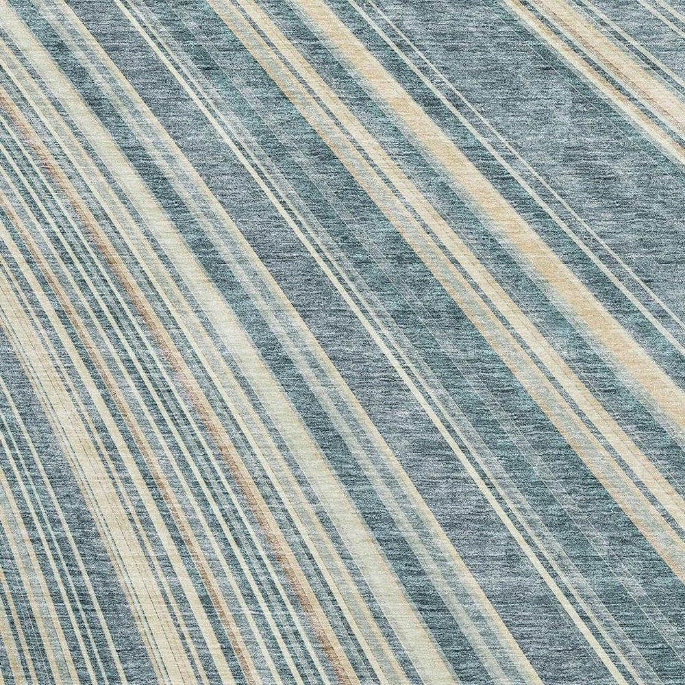 5' X 8' Sky Blue Tan And Beige Striped Washable Area Rug With UV Protection