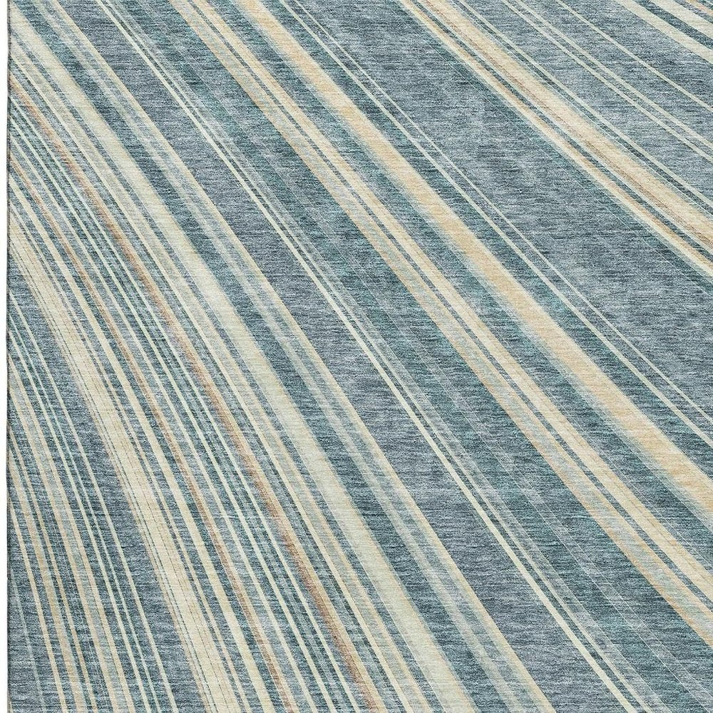 5' X 8' Sky Blue Tan And Beige Striped Washable Area Rug With UV Protection