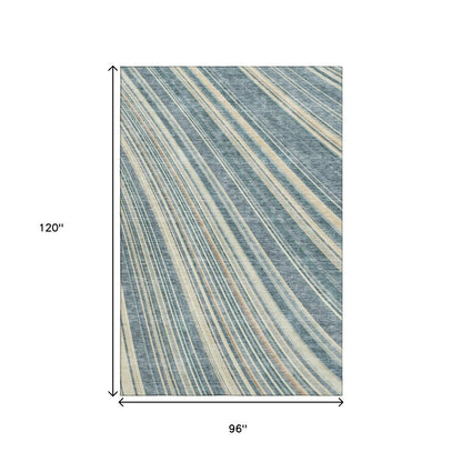 8' X 10' Sky Blue Tan And Beige Striped Washable Area Rug With UV Protection