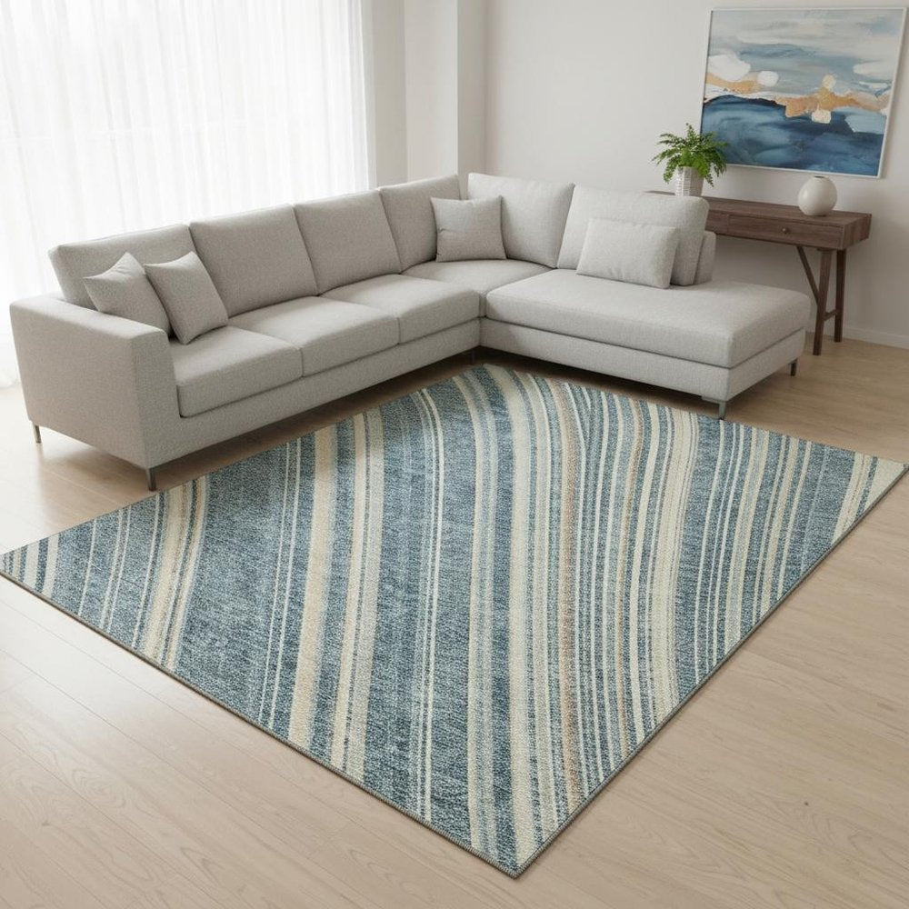 8' X 10' Sky Blue Tan And Beige Striped Washable Area Rug With UV Protection