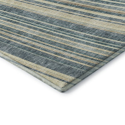 8' X 10' Sky Blue Tan And Beige Striped Washable Area Rug With UV Protection