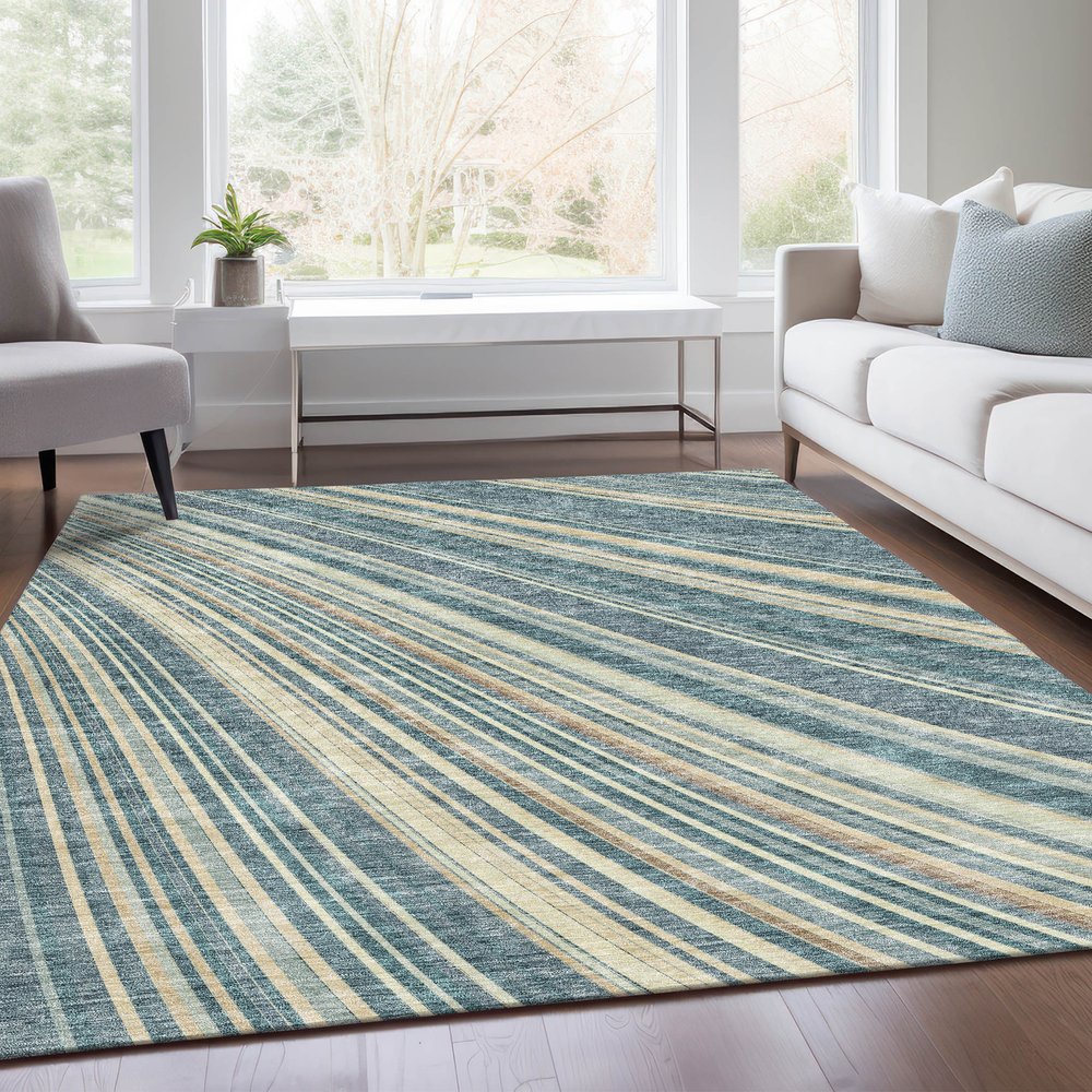 8' X 10' Sky Blue Tan And Beige Striped Washable Area Rug With UV Protection