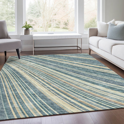 8' X 10' Sky Blue Tan And Beige Striped Washable Area Rug With UV Protection
