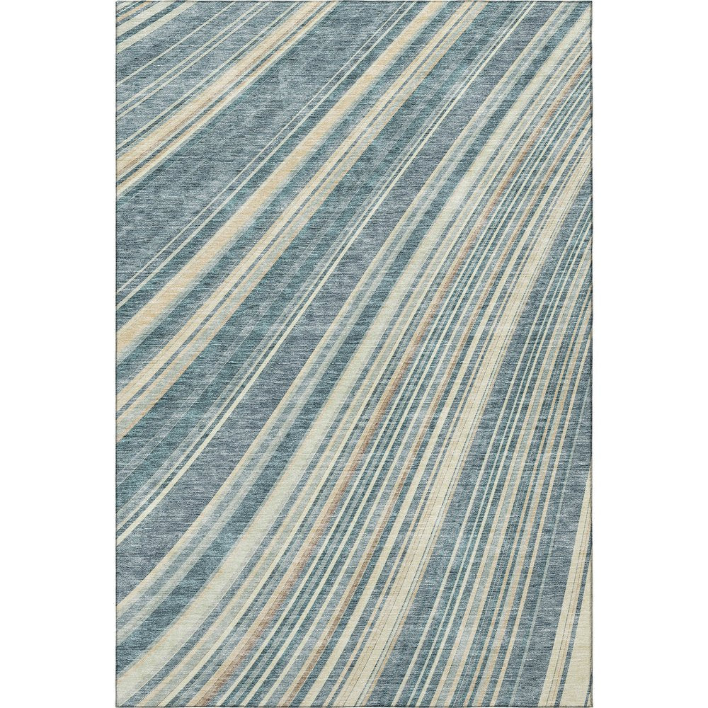 8' X 10' Sky Blue Tan And Beige Striped Washable Area Rug With UV Protection