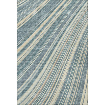 8' X 10' Sky Blue Tan And Beige Striped Washable Area Rug With UV Protection