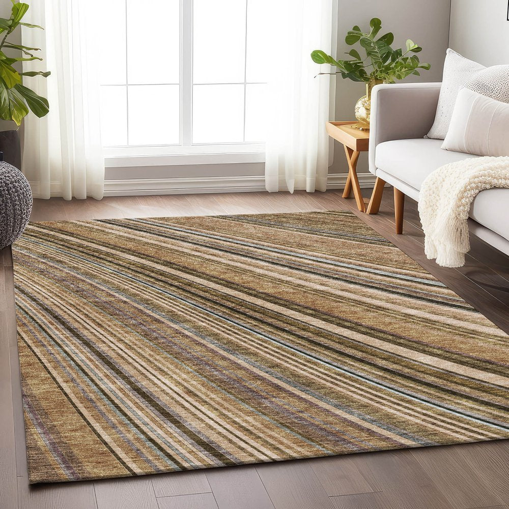5' X 8' Taupe Brown And Beige Striped Washable Area Rug With UV Protection