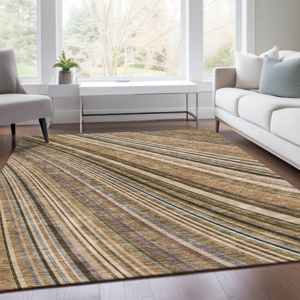 5' X 8' Taupe Brown And Beige Striped Washable Area Rug With UV Protection