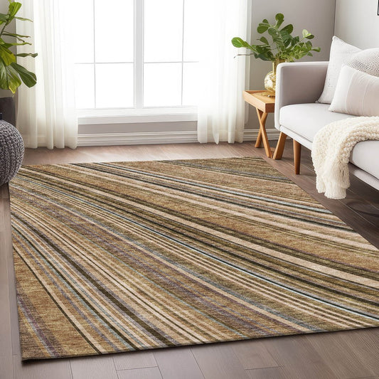 8' X 10' Taupe Brown And Beige Striped Washable Area Rug With UV Protection