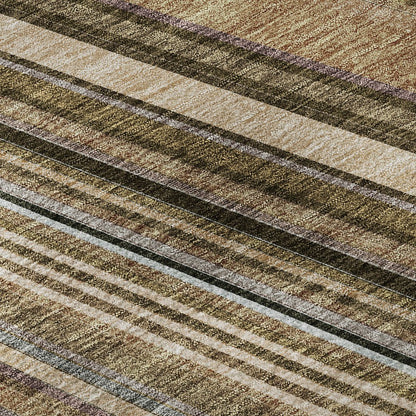 8' X 10' Taupe Brown And Beige Striped Washable Area Rug With UV Protection