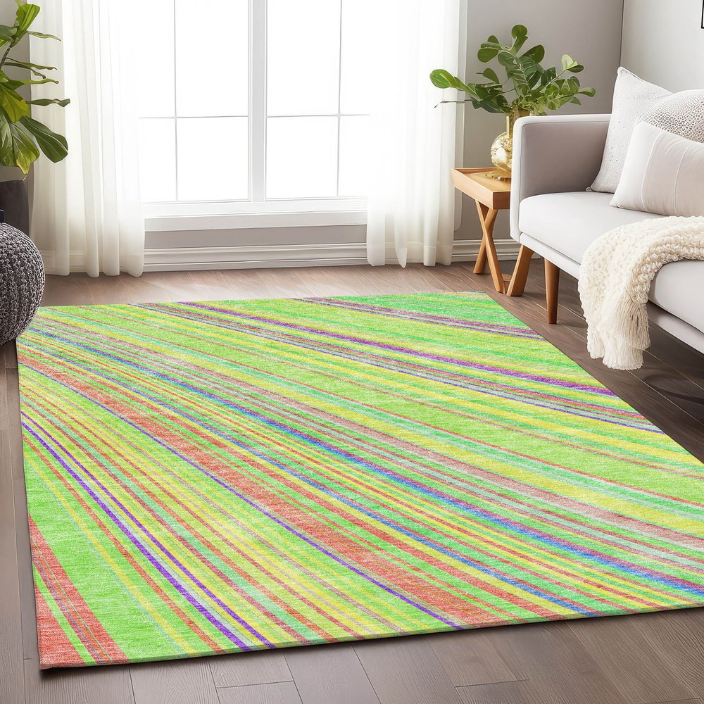 8' X 10' Yellow Lime Green And Purple Striped Washable Area Rug With UV Protection