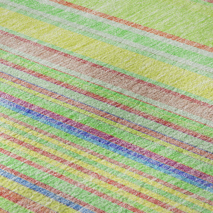 8' X 10' Yellow Lime Green And Purple Striped Washable Area Rug With UV Protection