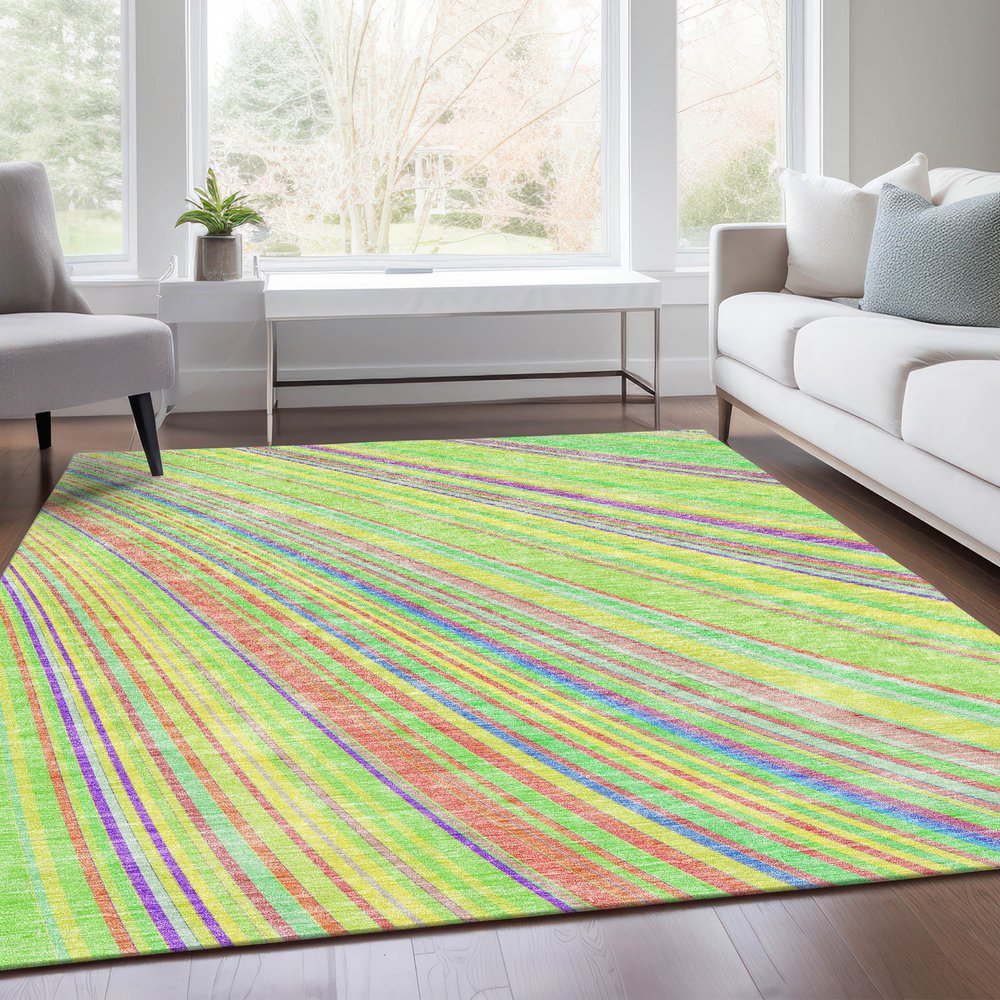 8' X 10' Yellow Lime Green And Purple Striped Washable Area Rug With UV Protection