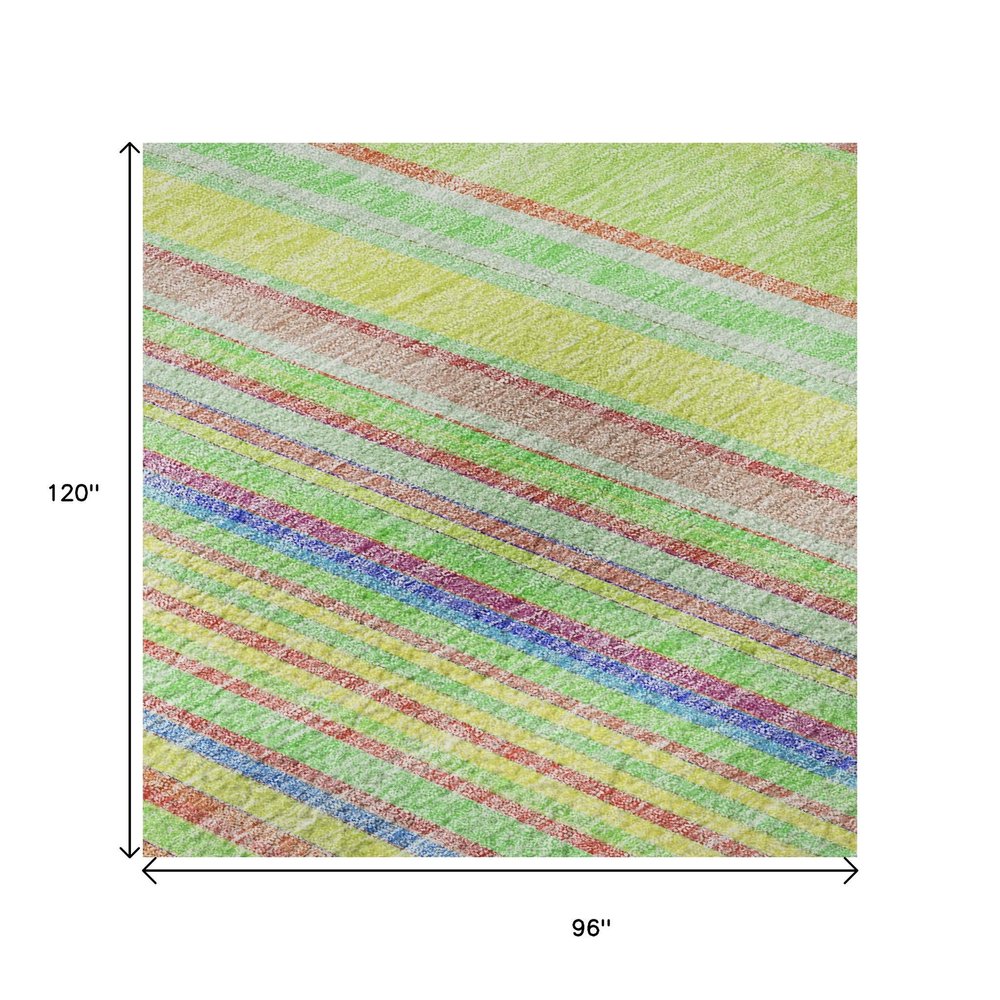 8' X 10' Yellow Lime Green And Purple Striped Washable Area Rug With UV Protection