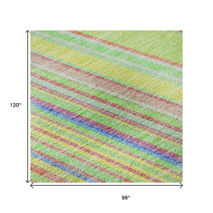 8' X 10' Yellow Lime Green And Purple Striped Washable Area Rug With UV Protection