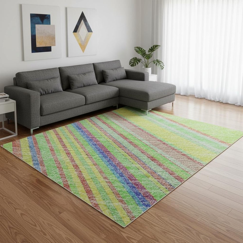8' X 10' Yellow Lime Green And Purple Striped Washable Area Rug With UV Protection