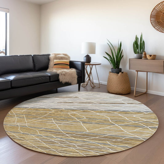 8' Gold Ivory And Gray Striped Washable Round Rug With UV Protection