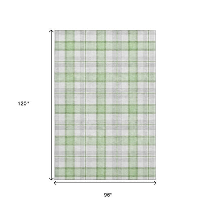 8' X 10' Mint Green Ivory And Gray Plaid Washable Area Rug With UV Protection