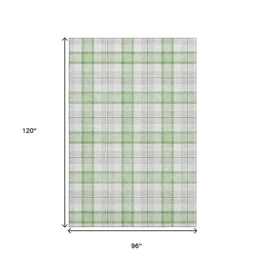 8' X 10' Mint Green Ivory And Gray Plaid Washable Area Rug With UV Protection