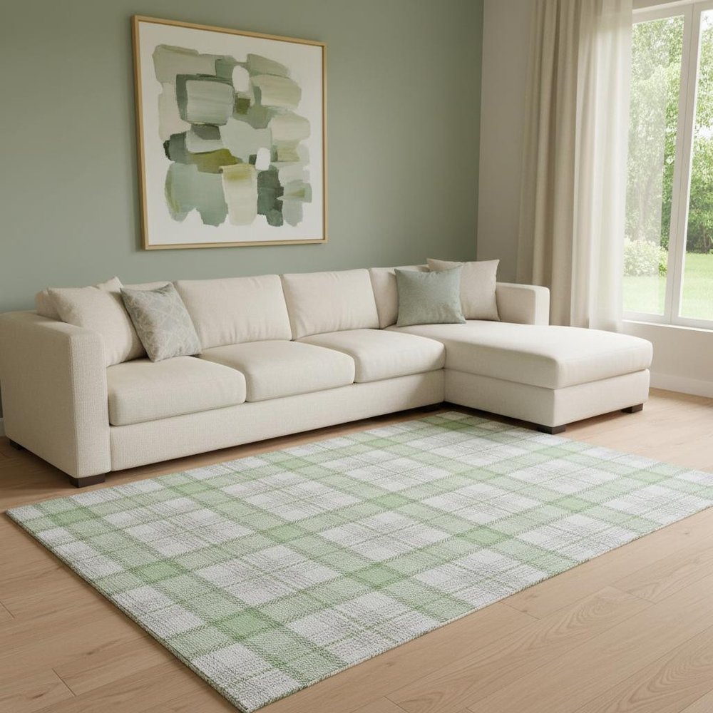 8' X 10' Mint Green Ivory And Gray Plaid Washable Area Rug With UV Protection