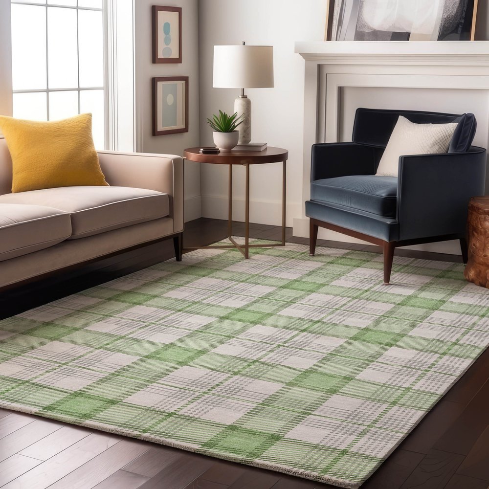 8' X 10' Mint Green Ivory And Gray Plaid Washable Area Rug With UV Protection