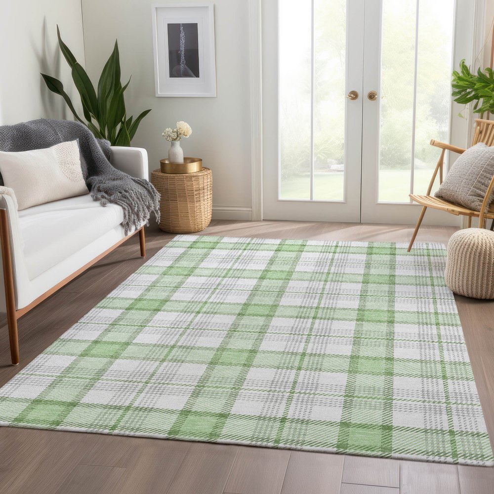 8' X 10' Mint Green Ivory And Gray Plaid Washable Area Rug With UV Protection