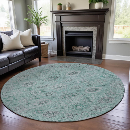 8' Teal Silver And Gray Damask Washable Round Rug With UV Protection