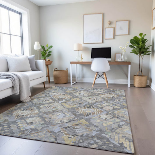 8' Gray Beige And Tan Geometric Washable Area Rug With UV Protection