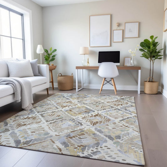 5' X 8' Ivory Brown And Gray Geometric Washable Area Rug With UV Protection