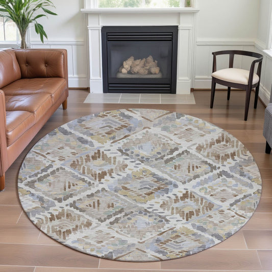 8' X 8' Ivory Brown And Gray Geometric Washable Round Rug With UV Protection