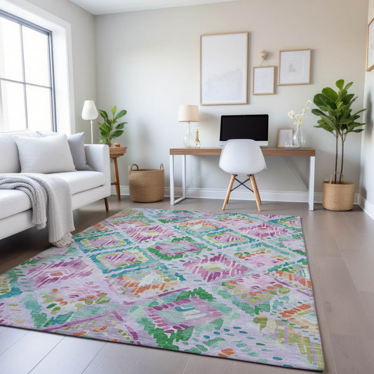 5' X 8' Lavender Teal And Orange Geometric Washable Area Rug With UV Protection