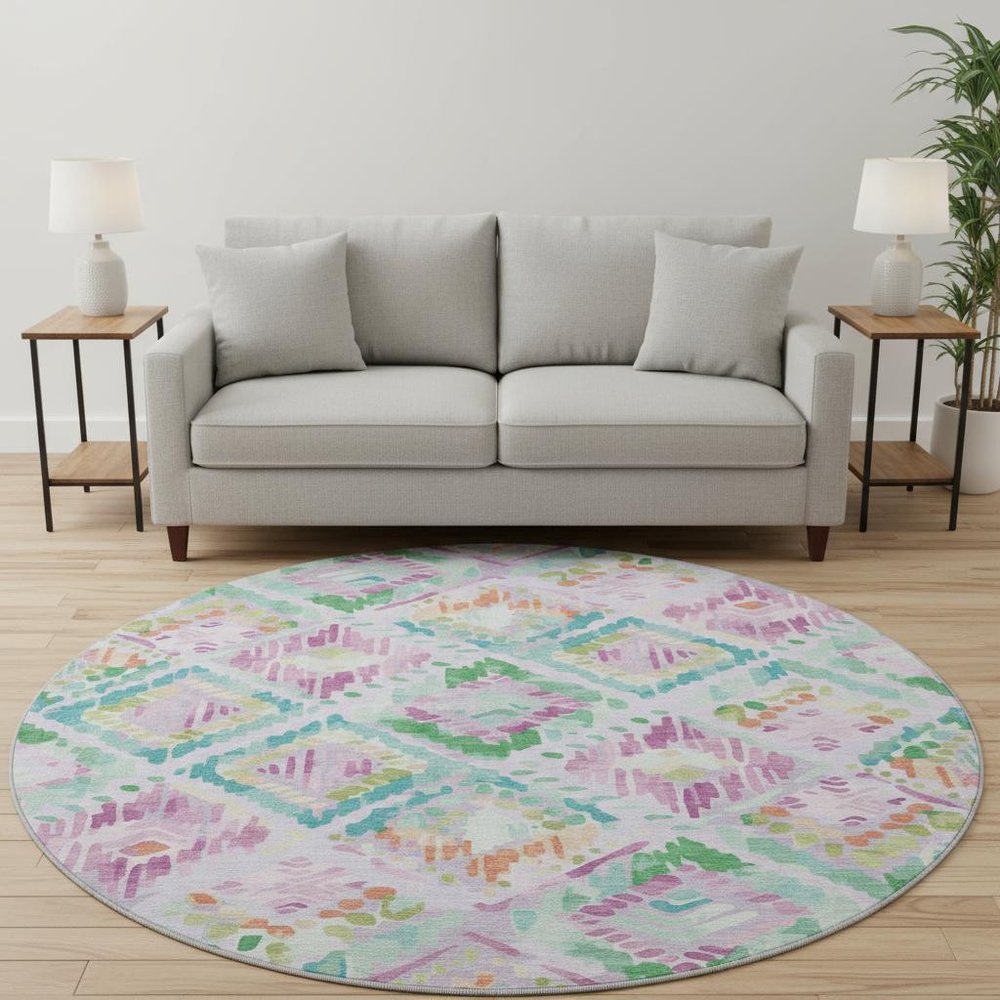 8' X 8' Lavender Teal And Orange Geometric Washable Round Rug With UV Protection