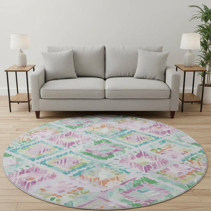 8' X 8' Lavender Teal And Orange Geometric Washable Round Rug With UV Protection