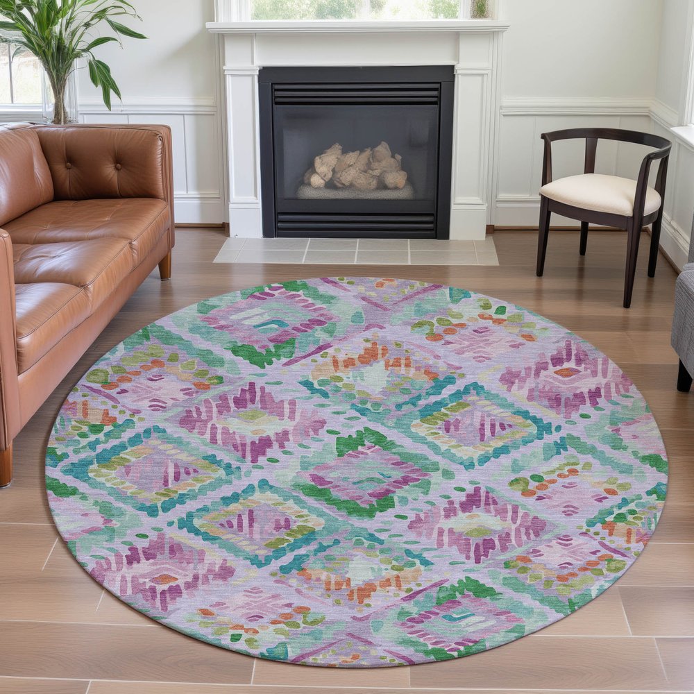 8' X 8' Lavender Teal And Orange Geometric Washable Round Rug With UV Protection