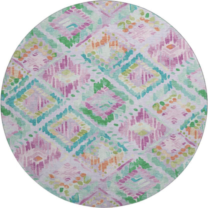 8' X 8' Lavender Teal And Orange Geometric Washable Round Rug With UV Protection