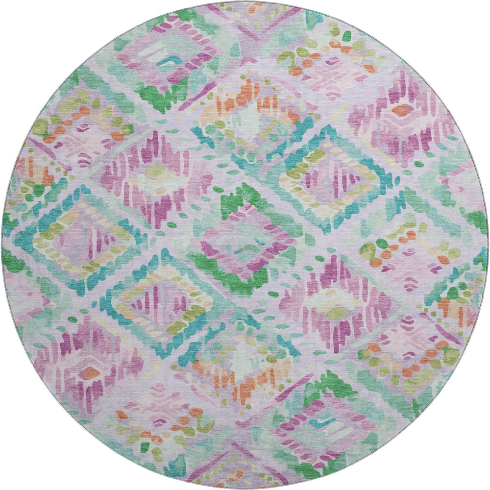 8' X 8' Lavender Teal And Orange Geometric Washable Round Rug With UV Protection