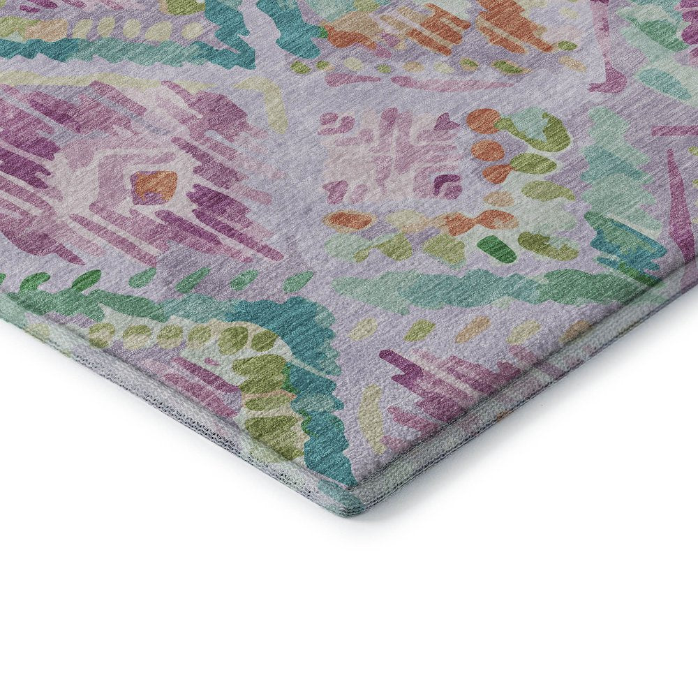 8' X 8' Lavender Teal And Orange Geometric Washable Round Rug With UV Protection