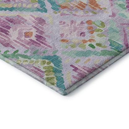 8' X 8' Lavender Teal And Orange Geometric Washable Round Rug With UV Protection