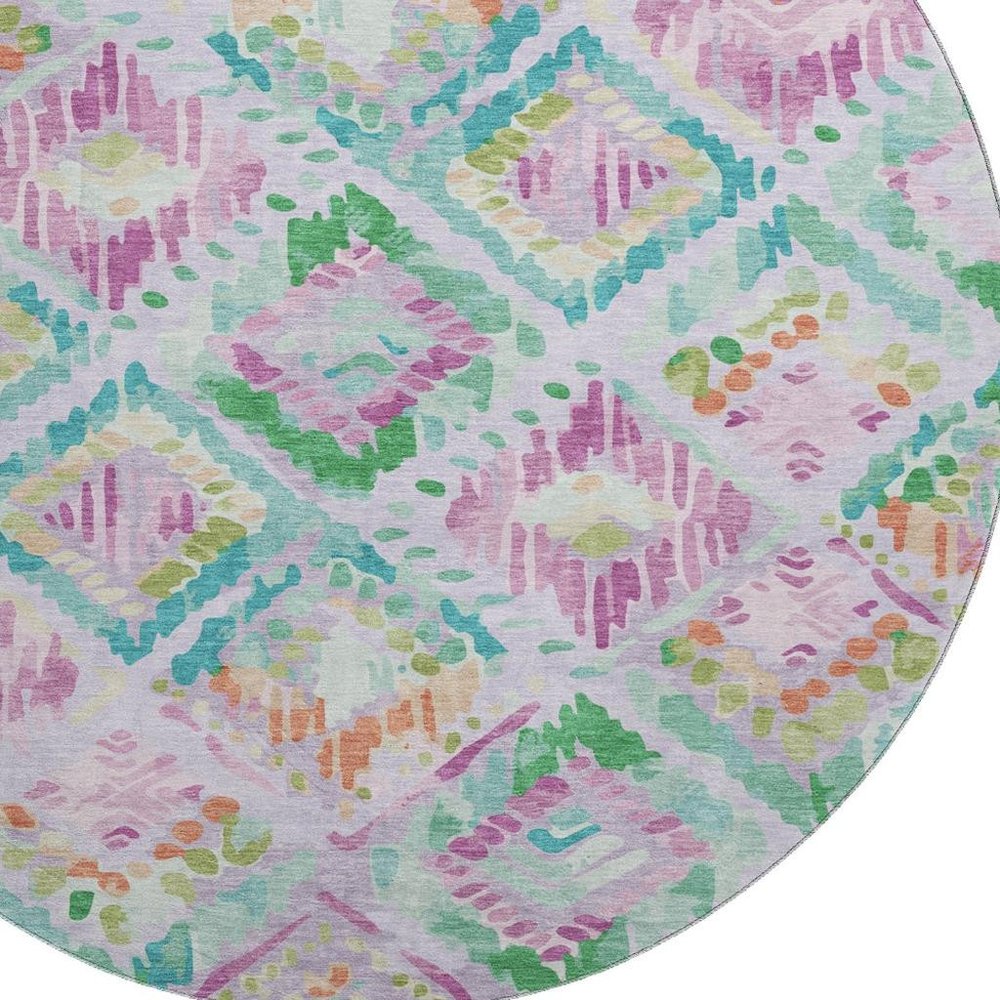 8' X 8' Lavender Teal And Orange Geometric Washable Round Rug With UV Protection