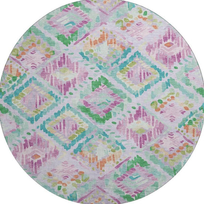 8' X 8' Lavender Teal And Orange Geometric Washable Round Rug With UV Protection