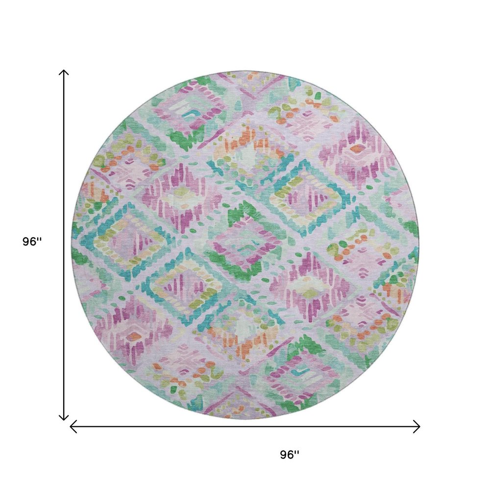 8' X 8' Lavender Teal And Orange Geometric Washable Round Rug With UV Protection