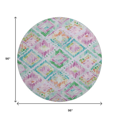 8' X 8' Lavender Teal And Orange Geometric Washable Round Rug With UV Protection