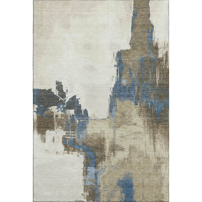 5' X 8' Beige Blue And Ivory Abstract Washable Area Rug With UV Protection